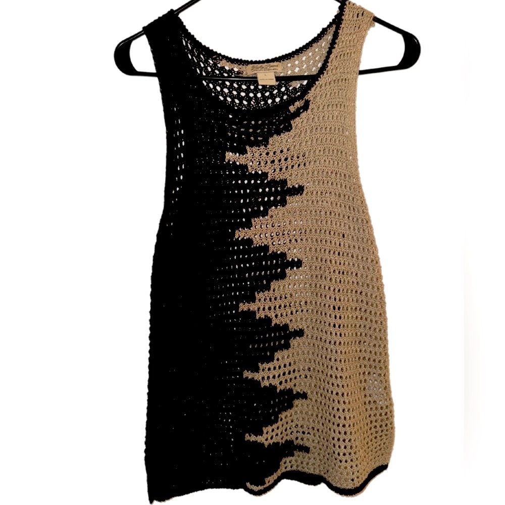 Lucky Brand Crochet Knit Tank Top Large Black Cream Zig Zag Boho